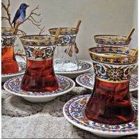 Turkish Tea Glassware Gold and Iznik Tile Embroidered/ แก้วชาตุรกีทรงดอกทิวลิปขอบทอง ลายโบราณ