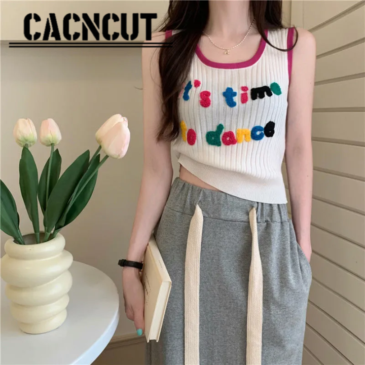 เสื้อแขนกุดชุดสำหรับผู้หญิงเชือกผูกคอ-cacncut-เสื้อแขนกุดปักลายตัวอักษรต่างประเทศ2023ใหม่สำหรับฤดูร้อน