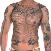 CLEVER-MENMODE Men Fishnet Sexy Tank Tops Rhinestone Shiny See-Through Hollow Vest Mesh Sleeveless T-Shirt Transparent Clothing