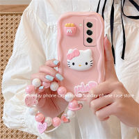 แม่พิมพ์กลม เคส Phone Case Samsung Galaxy S23 S22 S21+ Ultra FE Plus 5G เคส ซิลิโคนลายการ์ตูน3มิติลาย Hello Kitty พร้อมสร้อยข้อมือลูกปัด เคสโทรศัพท Cover 2023