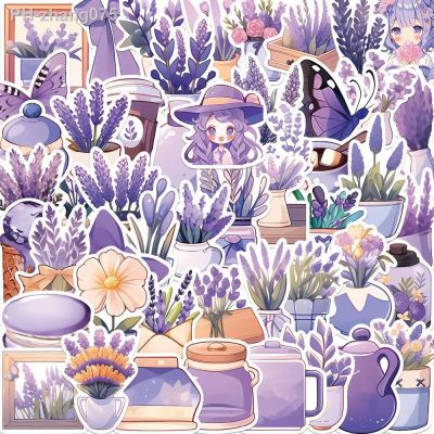 50PCS Cartoon Purple Lavender Flower Stickers Kawaii Aesthetic Decals Laptop Scrapbook Phone Decoration Kids Girls Toys