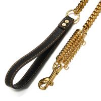 39" 15mm Strong Safety Anti-lost Collar Dog Leash Chain Cuban Curb Link Stainless Steel Gold Tone WLeather Handle Strong Lead