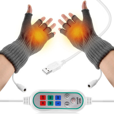 USB Electric Heated Gloves 2-Side Heating Convertible Fingerless Glove Mittens Adjustable Cycling Skiing Gloves