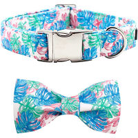 Unique Style Paws Summer Dog Collar with Bowtie Palm Leaf Dog Collar Blue Dog Collar for Large Medium Small Dog