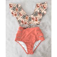 High Waisted Pleated Sexy Bikini Set 2023 Swimsuit Womens Two-piece Swimsuit Flower Shawl V-neck Swimsuit