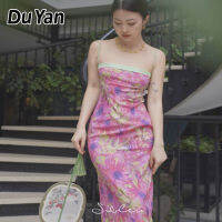 Du Yan ชุดเดเดรสเอวสูงสีคอนทราสบางเฉียบเย็บลายดอกไม้