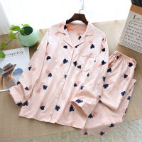 Korean New Spring and Summer Women Pajamas Knit Cotton Long Sleeve Sleepwear Set Heart Shaped Soft Loose Comfortable Home Wear