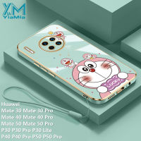 YiaMia เคสโทรศัพท์การ์ตูนโดราเอมอนน่ารัก,สำหรับ Huawei Mate 30 Pro Mate 40 Pro Mate 40 40 Pro Mate 50 Pro P30 P30 P30 Lite P40 P40โปร P50โปรแฟชั่นโครเมี่ยมสุดหรูเคสคลุมทั้งหมดกล้องกับเชือกห้อย