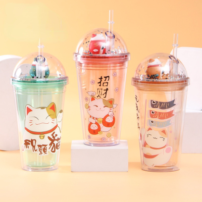Water Cup Plastic Coffee Drinking Cup Double Summer Ice Cup Cartoon Plastic Creative Lucky Cat Juice Refrigerated Straw Cup