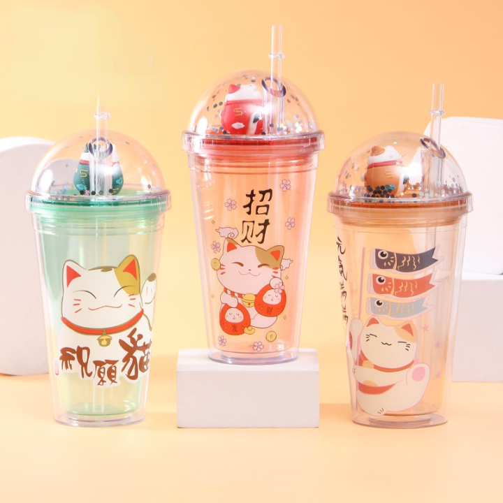 water-cup-plastic-coffee-drinking-cup-double-summer-ice-cup-cartoon-plastic-creative-lucky-cat-juice-refrigerated-straw-cup