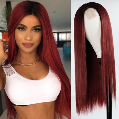 Synthetic Wig Long Straight Hair Wig Wine Red Ladies Natural Hand Middle Heat-Resistant Fiber Daily Wig