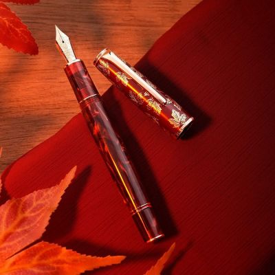อะคริลิกสีแดงปากกาหมึกซึมเรซิ่น N8 Hongdian ใบเมเปิลแกะสลักฝา Ef/f หัวปากกาของขวัญงานเขียนในออฟฟิศเรียบพร้อมตัวแปลง