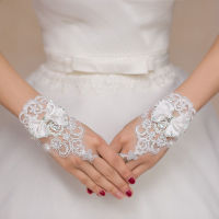 2sql 1Pair White Bridal Gloves Women Wedding Party Lace Bowknot Fingerless Gloves Rhinestone