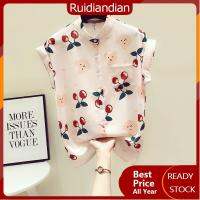 Ruidiandian เสื้อรุ่นเกาหลีแบบหลวมแขนสั้นผู้หญิง,เสื้อชีฟองคอปกตั้งลายดอกไม้แขนสั้นเสื้อที่น่าดึงดูดหลวม