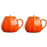 2X Mug Pumpkin Mug with Lid - Ceramic Decorations Ornament Coffee Mugs Big Cute Fall Cups Teacup - Birthday Gift Idea