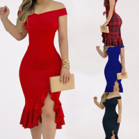 Party Dress Sexy Off Shoulder outfit for women Ruffle Plaid Bodycon cocktail blue red black dresses