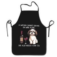 Funny Shih Tzu And Wine Apron for Women Men Unisex Bib Dog Lover Cooking Kitchen Tablier Cuisine Chef Baking