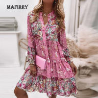 Bohemian Women Sexy Backless Mini Printing Dress Spring Casual V Neck Holiday Outdoor Dress Femme Flare Sleeve Slim Fit Dress