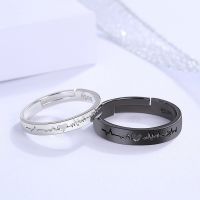 2Pcs/set Romantic Couple Rings For Women Men Punk Heart ECG Black White Forever Love Promise Wedding Ring ValentineS Day Gift