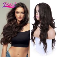 Lydia Long Curly Synthetic Hair Daily Wigs Skin Head Top For African American Women Natural Wave Black 20Inch With Lace Babyhair