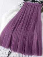 TIGENA New Big Hem Long Tulle Skirt Women Korean Casual Simple Solid 3 Layers A Line High Waist Maxi Skirt Female Lady Purple