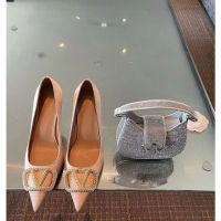 2022 New Valentinoˉ style banquet high-heeled shoes womens thin heel temperament diamond pointed single shoes small design silk
