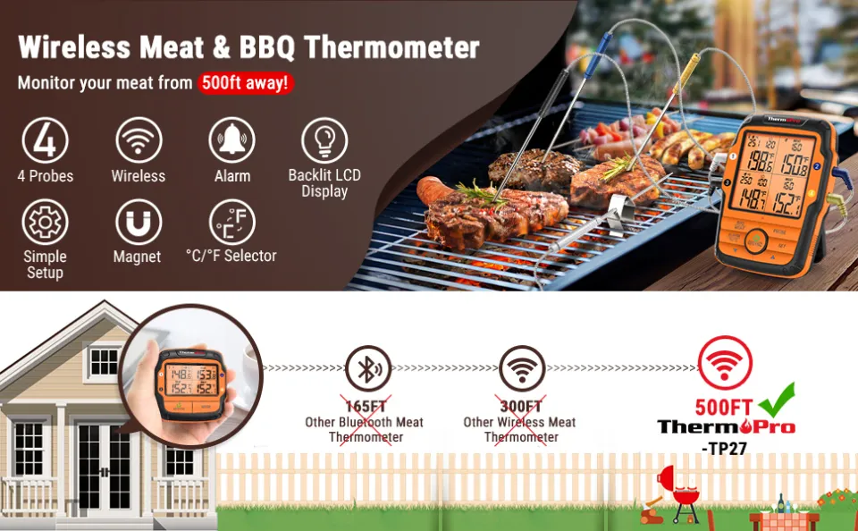 ThermoPro TP27 500ft Long Range Wireless Meat Thermometer for Grilling and Smoking with 4 Probes Smoker BBQ Grill Kitchen Food Cooking Digital