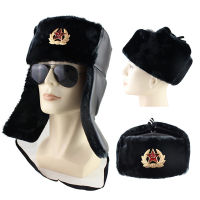 Russian Trapper Hat black With Soviet Badge Faux Fur Ushanka Cossack Flap Cap