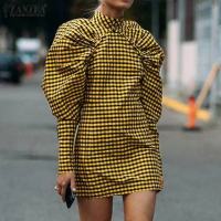 Summer ZANZEA Y2k Women Mini Dresses Party Vestidos 2022 Fashion Plaid Dress Casual Puff Sleeve Stand Collar Sundress Oversized