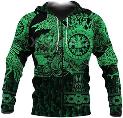 YANGFJcor Mens Womens Hoodies Fashion Hoodie,3D Full Printed Viking Medieval Vegvisir Tattoo Sweatshirt Pullover Jackets,Green Zip,XS