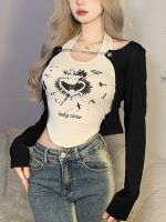 Graphic Print Y2k Tops Women Summer Long Sleeve Irregular T-shirt Korean Fashion American Retro Hot Girl Skinny Two Piece Set