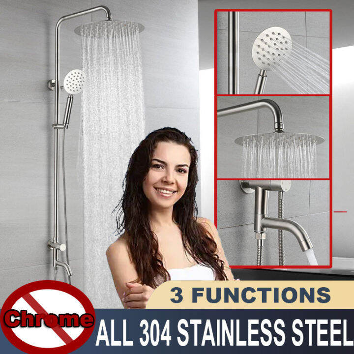 100% ALL SUS 304 Stainless steel shower Set with Top Spray Hand Shower  Faucet Brushed Bathroom Rainfall Shower for Cold Water Single Source  without Water Heater | Lazada PH