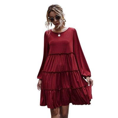 ผู้หญิงพัฟแขนยาว Flared Flowy Red Midi Dress รอบคอ Ruffles Patchwork Vintage จีบ Ribbed หลวม Sundress
