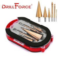 DRILLFORCE 6PCS HSS Steel Titanium Step Drill Bit Set 4-12 / 20 / 32mm เครื่องตัดรูโลหะเจาะแกนกรวยไม้ + 3,6,8 Saw Drill