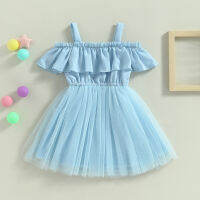 ชุดเดรสหน้าร้อนเด็กวัยหัดเดิน,สีทึบไหล่ย่นสายรัดชุด Tulle