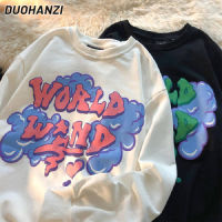 DUOHANZI เสื้อเสื้อกีฬาคอกลมพิมพ์ตัวอักษรสไตล์เกาหลีอินเทรนด์สไตล์ฮาราจูกุสไตล์ฮ่องกง