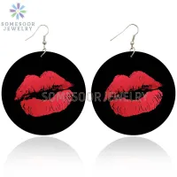 SOMESOOR Colorful Love Lips Comic Wooden Drop Earrings Vintage 6cm Large Loops Pendant Dangle Jewelry Both Print For Women Gifts