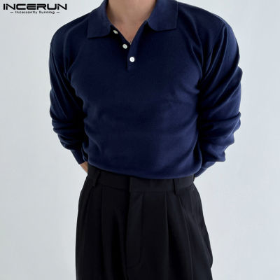 INCERUN เสื้อแขนยาวเสื้อสวมศีรษะผู้ชาย,เสื้อกระดุมแบบพอดีตัวเสื้อยืดเสื้อด้านบน (สไตล์เกาหลี)