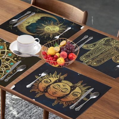 Mandala Sun And Moon Pattern Placemat Hippie Black Cotton Linen Table Mats 42X32 Nordic Western Placemat Cup Mats Drink Coaster