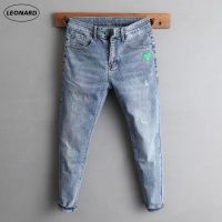 High-end Vintage Light Blue Jeans Men Basic Plain Denim Pants Plus Size Slim Fit Straight Leg Long Pants