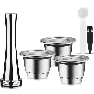 Capsules Reusable, Stainless Steel, 3 Pieces Refillable Pads for Nespresso + 1 Tamper + 1 Spoon + 1 Brush