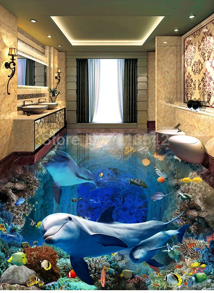 A HOT】 Underwater World Dolphin 3D Floor Painting Mural Wallpaper  Waterproof Self adhesive Bedroom Bathroom Floor Tiles Stickers Wall | Lazada