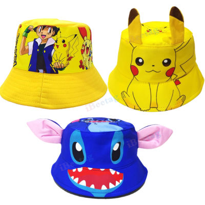 หมวกหมวกชาวประมงแฟชั่นพิมพ์ลายปิกาจูสำหรับเด็กหมวกกันแดดสำหรับใส่กลางแจ้ง