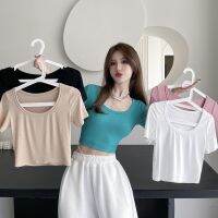 U-Neck สีทึบเสื้อยืดผู้หญิงแขนสั้นใหม่แน่นเซ็กซี่สาวร้อน Tops