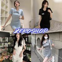 Zero shop?พร้อมส่ง? (Zero-M0123) เดรสไหมพรมแขนสั้น คอปก กระเป๋าหน้าอกก รูดด้านข้าง  -C