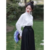 Spot parcel post New Chinese Style Improved Hanfu Suit for Women 2023 Spring New White Shirt Black Horse-Face Skirt Daily Two-Piece Set