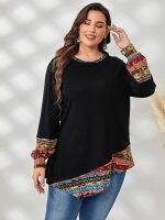 Yuisle Womens Casual Ladies Comfort Plus Size Sweatshirt Plus Geo Print Lantern Sleeve Asymmetrical Hem Pullover Leisure Perfect Comfortable Eye-catching (Color : Black, Size : X-Large)