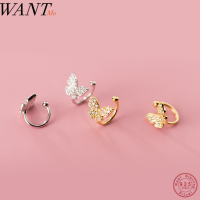 WANTME New Arrival Fashion Pave CZ Butterfly Clip Earrings for Women Real 925 Sterling Silver Party Wedding Jewelry Clip Cuff