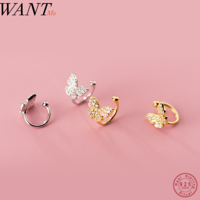 WANTME New Arrival Fashion Pave CZ Butterfly Clip Earrings for Women Real 925 Sterling Silver Party Wedding Jewelry Clip Cuff