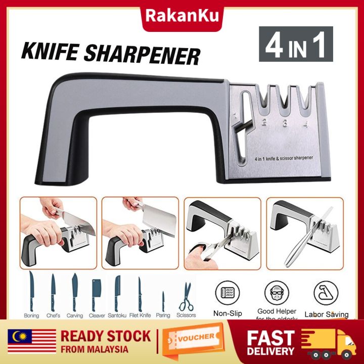 Knife Sharpener for Kitchen, 4 in 1 Knife and Scissors Sharpener, 4 Stages Professional Manual Sharpening Tool with Diamond, Tungsten Steel, Ceramic